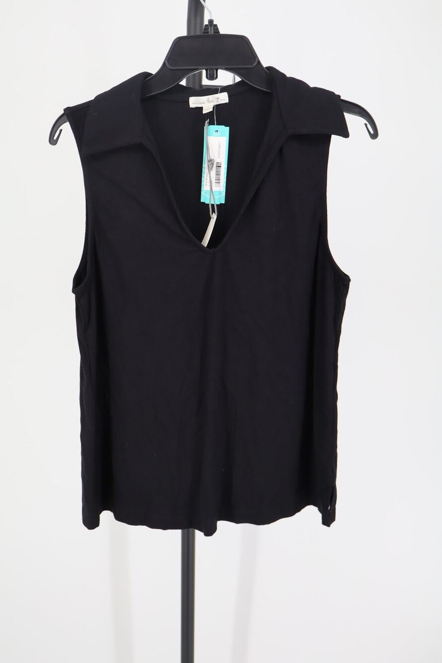 NEW Nine Britton Collared Knit Top Women's Black Ribbed Sleeveless Polo Size L